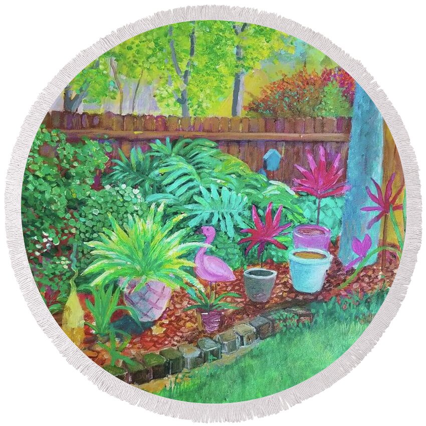Backyard Round Beach Towel featuring the painting Backyard Garden II by Joe Roache