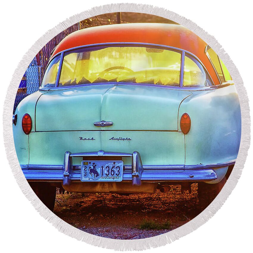 Classic Car Round Beach Towel featuring the photograph Backyard jewell by Tatiana Travelways