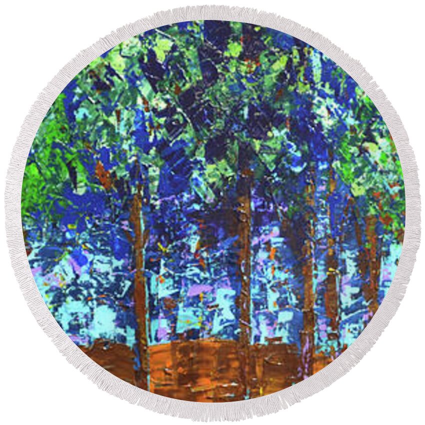  Round Beach Towel featuring the painting Backyard Trees by Linda Bailey