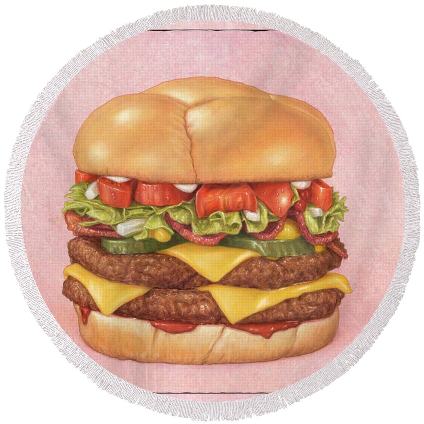 Burger Round Beach Towel featuring the painting Bacon Double Cheeseburger by James W Johnson