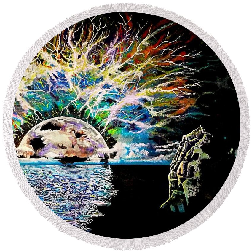 Drawing Round Beach Towel featuring the mixed media Bad Moon Rising by David Neace