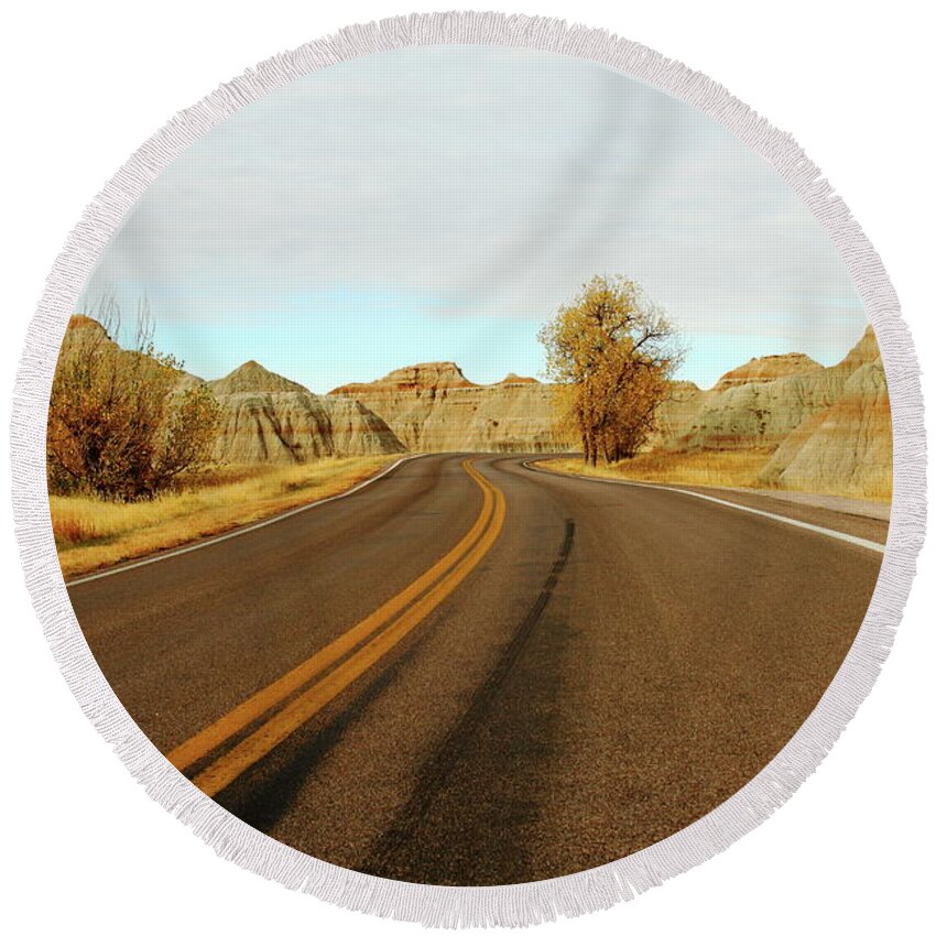 Badlands National Park Round Beach Towel featuring the photograph Badland Blacktop by Lens Art Photography By Larry Trager