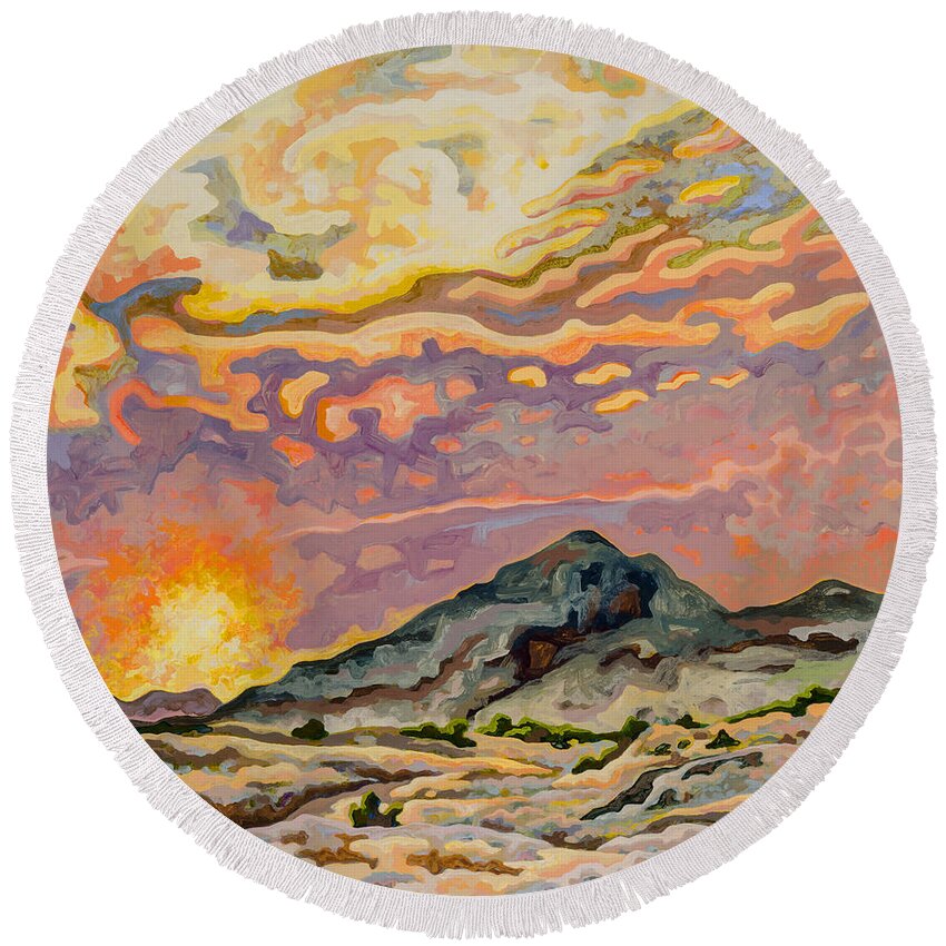 Badlands Round Beach Towel featuring the painting Badlands Sunset by Dale Beckman