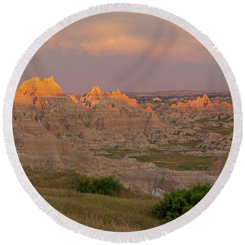 Badlands National Park Round Beach Towel featuring the photograph Badlands Sunset Panorama by Aaron Spong