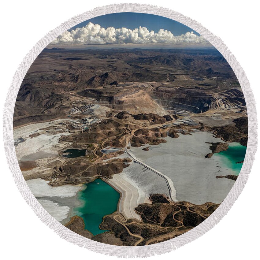 Fstop101 Landscape Green Blue Open Pit Copper Mine Bagdad Arizona Mountains Clouds Acid Aerial Round Beach Towel featuring the photograph Bagdad Open Pit Copper Mine by Gene Lee