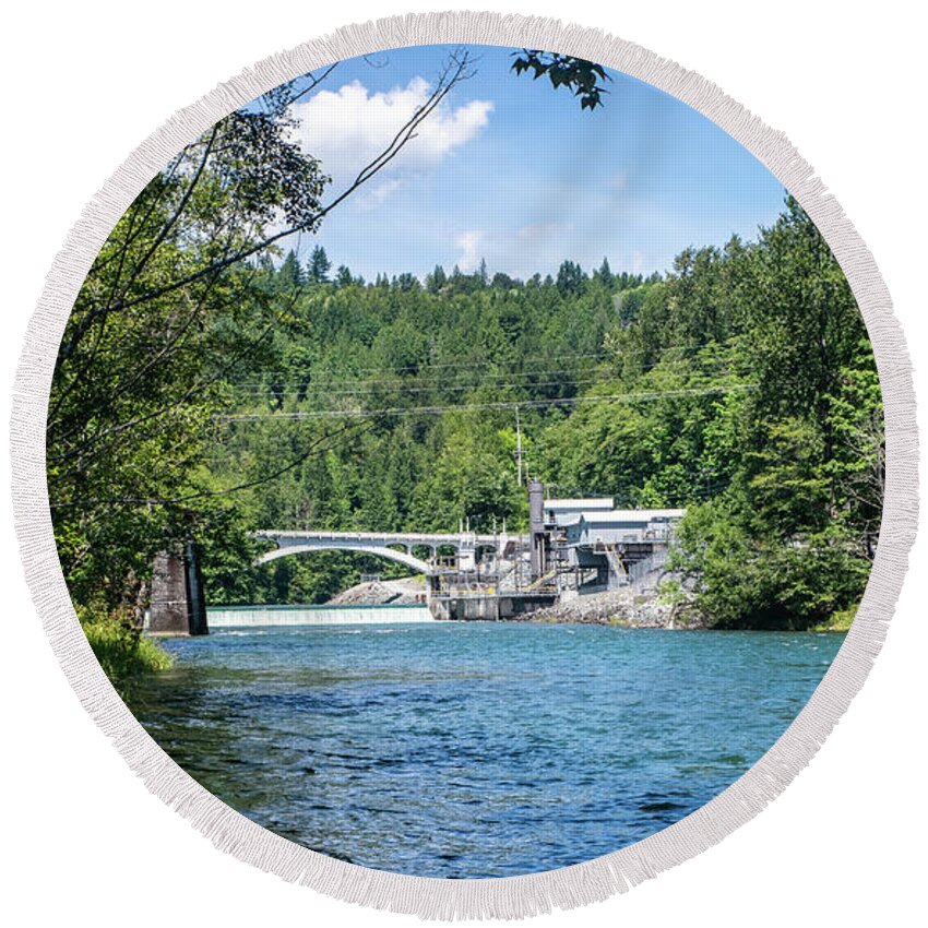 Baker River And Henry Thompson Bridge Round Beach Towel featuring the photograph Baker River and Henry Thompson Bridge by Tom Cochran