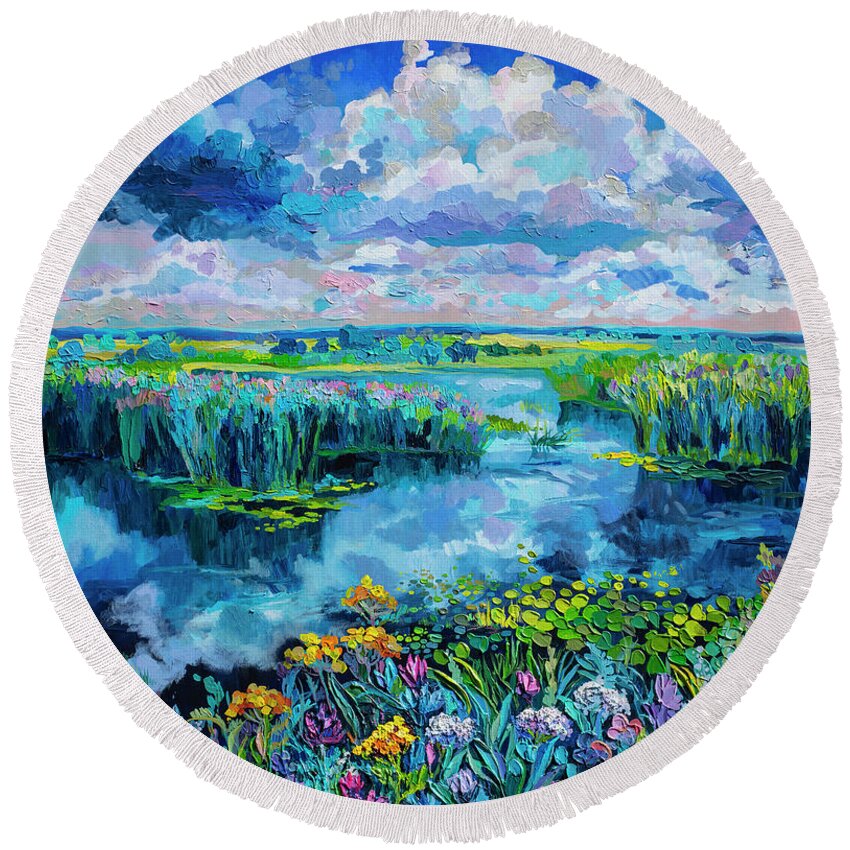 Landscape Round Beach Towel featuring the painting Balance by Anastasia Trusova