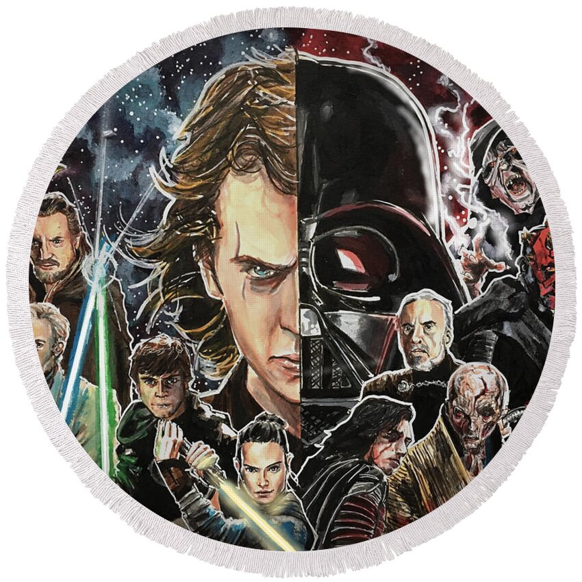 Star Wars Round Beach Towel featuring the painting Balance of the Force by Joel Tesch