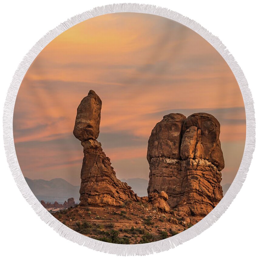 Arches National Park Round Beach Towel featuring the photograph Balancerd Rock at Sunset by Travel Quest Photography