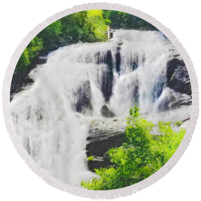 Water Round Beach Towel featuring the digital art Bald River Falls In Spring by Rachel Hannah