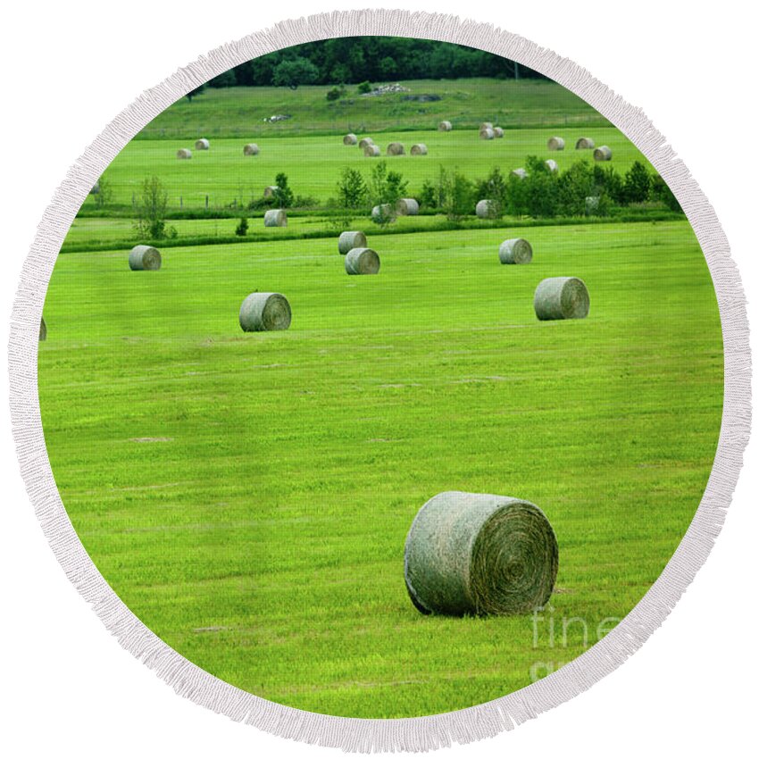 Bales Round Beach Towel featuring the photograph Bales of Hay in the Field by Rich S