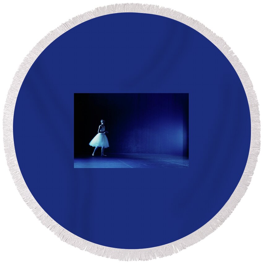 Ballerina Round Beach Towel featuring the photograph Ballerina on a Deep Blue Stage by Thomas Dans