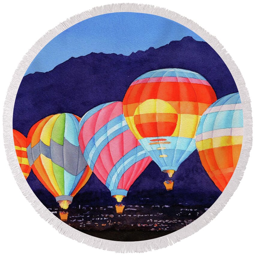 Balloons Round Beach Towel featuring the painting Balloons over Palm Springs at Night by Mary Helmreich