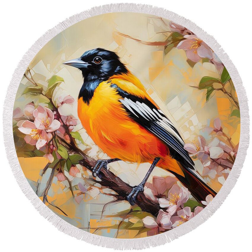Baltimore Oriole Round Beach Towel featuring the painting Baltimore Oriole and Cherry Blossom by Lourry Legarde