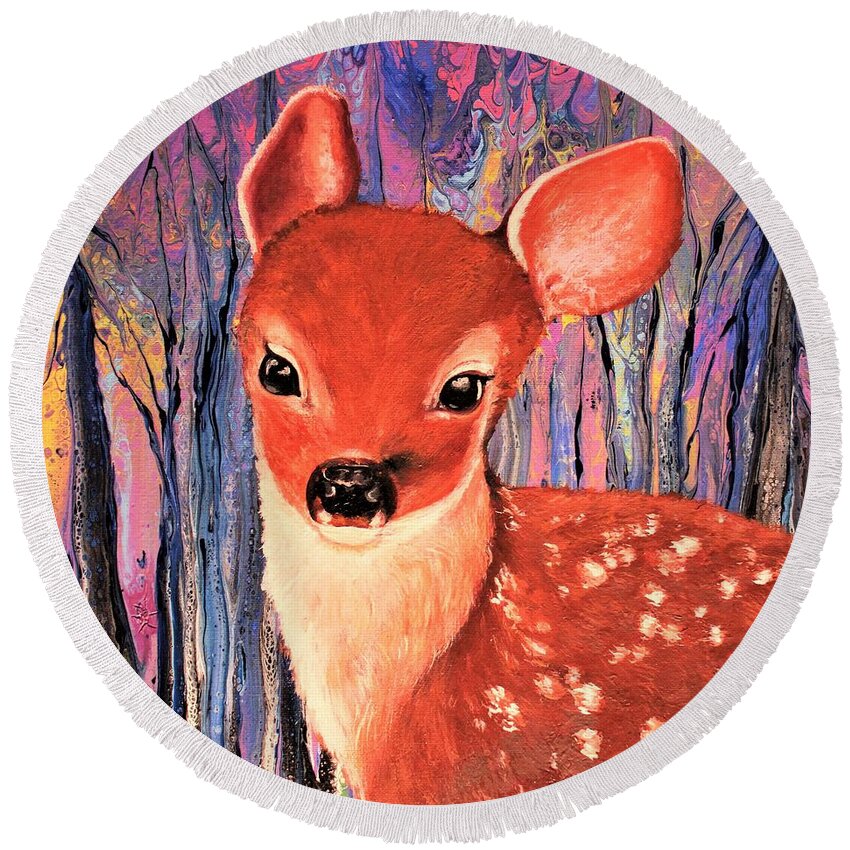 Wall Art Home Décor Bambi Acrylic Painting Abstract Painting Animals Deer Decoration Gift Idea Decoration For A Children's Bedroom Baby Wall Decoration I Love Animals I Love Art Round Beach Towel featuring the painting Bambi by Tanya Harr