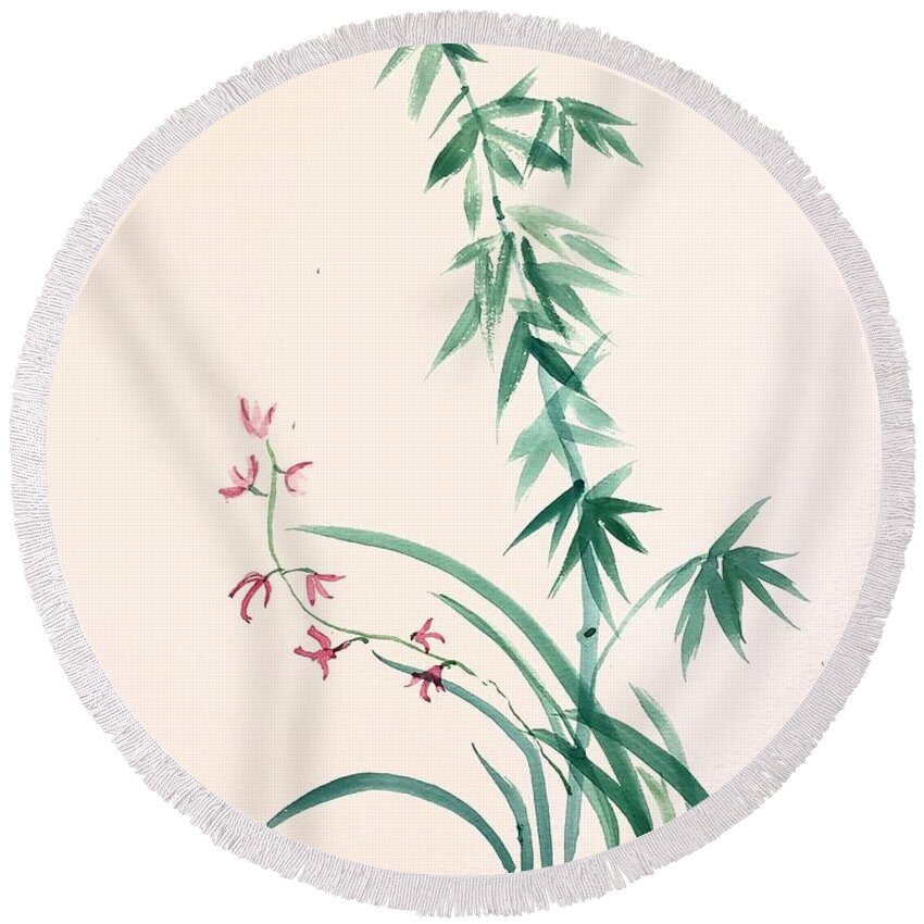  Round Beach Towel featuring the painting Bamboo and Orchid by Margaret Welsh Willowsilk