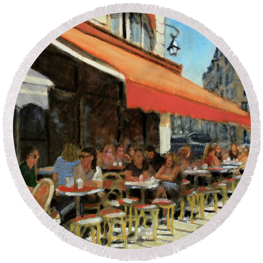 Outdoor Cafe Round Beach Towel featuring the painting Bar Du Marche by David Zimmerman
