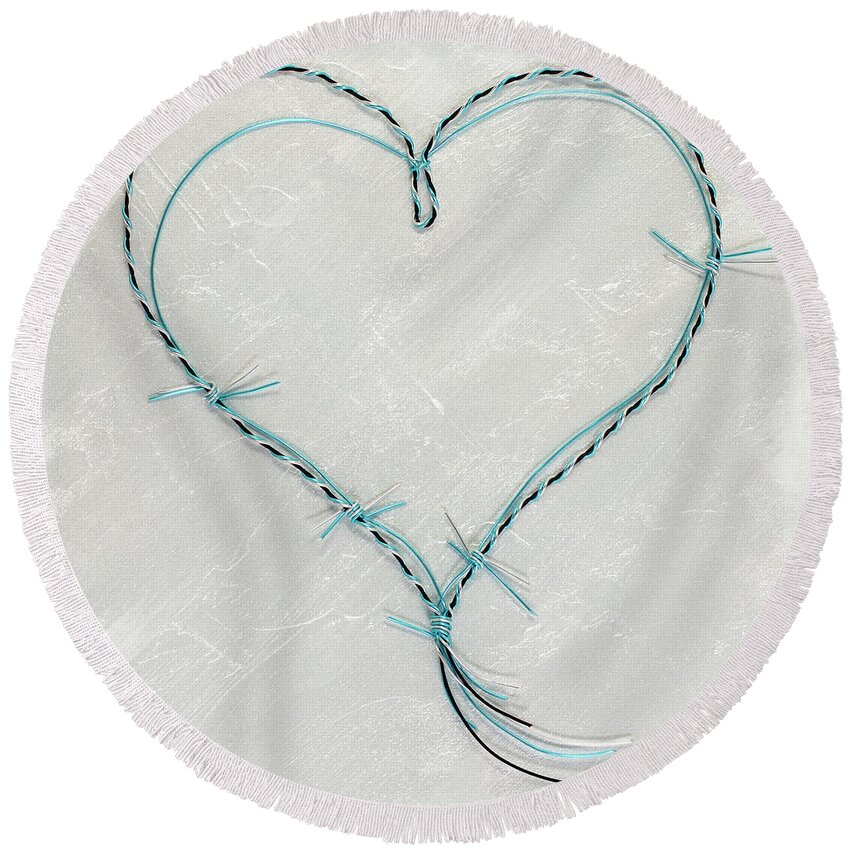 Heart Round Beach Towel featuring the mixed media Barbed Heart-Blue on White by Tamara Nelson