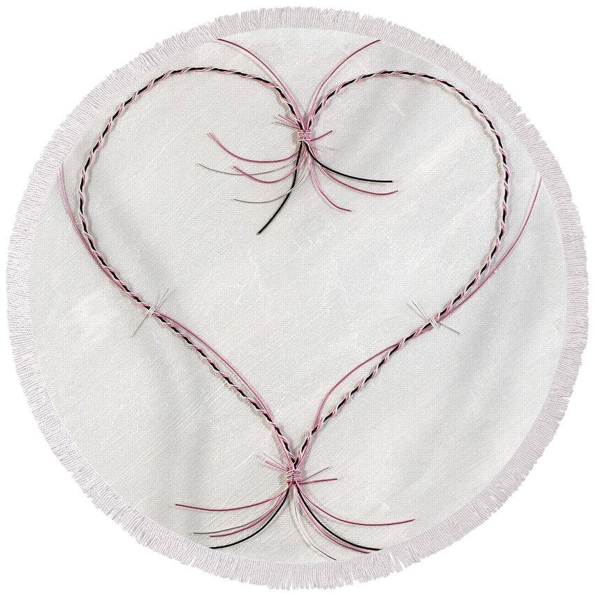 Heart Round Beach Towel featuring the mixed media Barbed Heart-Pink on White by Tamara Nelson