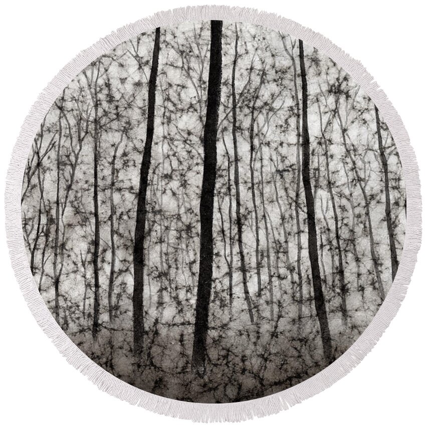 Black And White Round Beach Towel featuring the painting Bare Forest by Hailey E Herrera