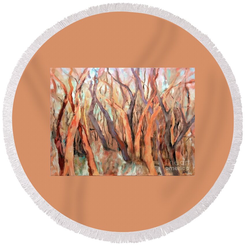Acrylic Painting Round Beach Towel featuring the painting Bare Limbs and Trunks by Chris Hobel