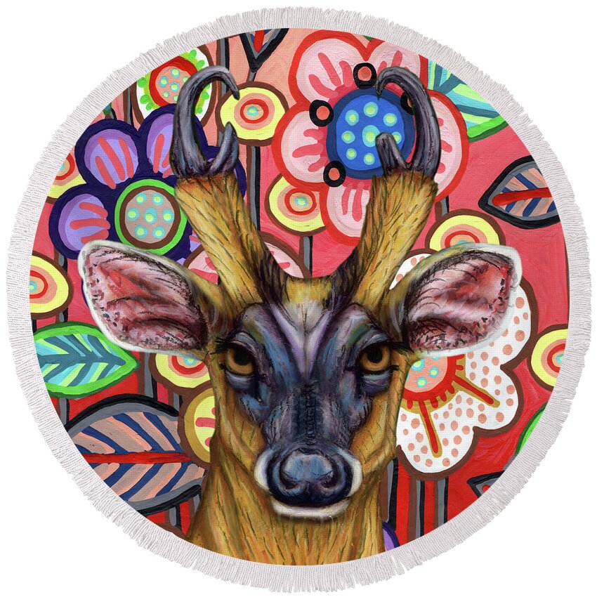 Deer Round Beach Towel featuring the painting Barking Deer Floral by Amy E Fraser