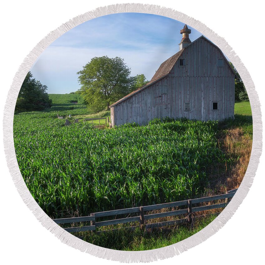 Iowa Round Beach Towel featuring the photograph Barn and Corn by Darren White