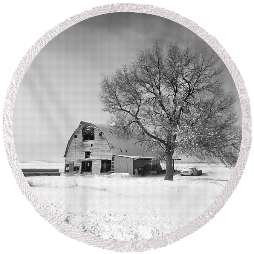 Black And White Round Beach Towel featuring the photograph Winter on the Farm BW by Jerry Abbott