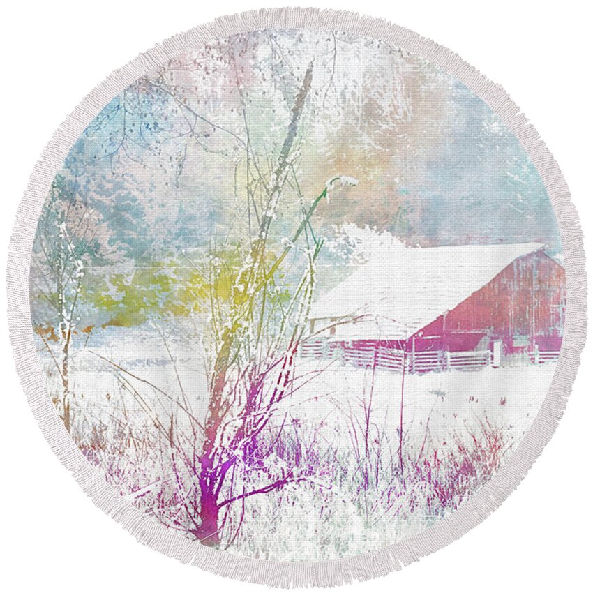 Barn Round Beach Towel featuring the painting Barn In A Misty Forest by Marie Jamieson