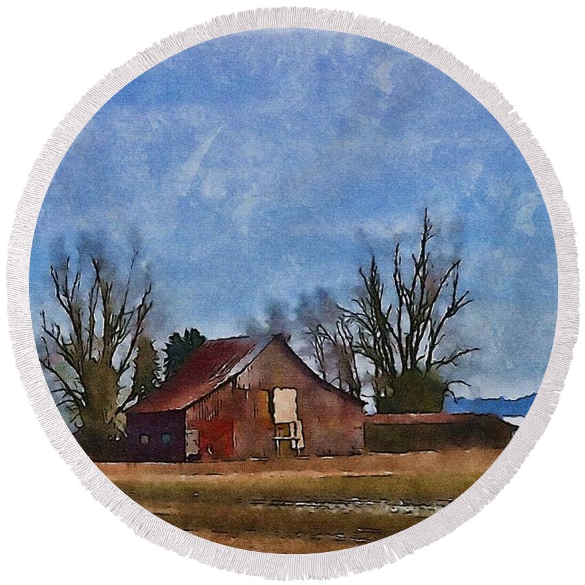 Old Barb Round Beach Towel featuring the digital art Barn Story by Bonnie Bruno