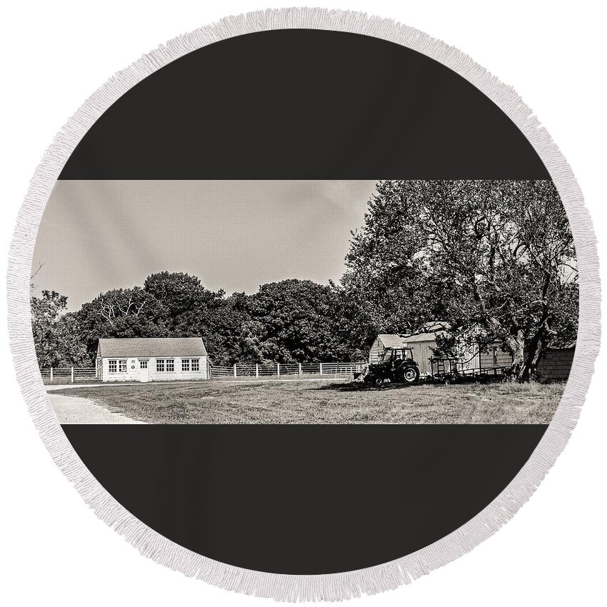 Barn Tractor Dwelling Fence Tree Round Beach Towel featuring the photograph Barn Tractor by John Linnemeyer