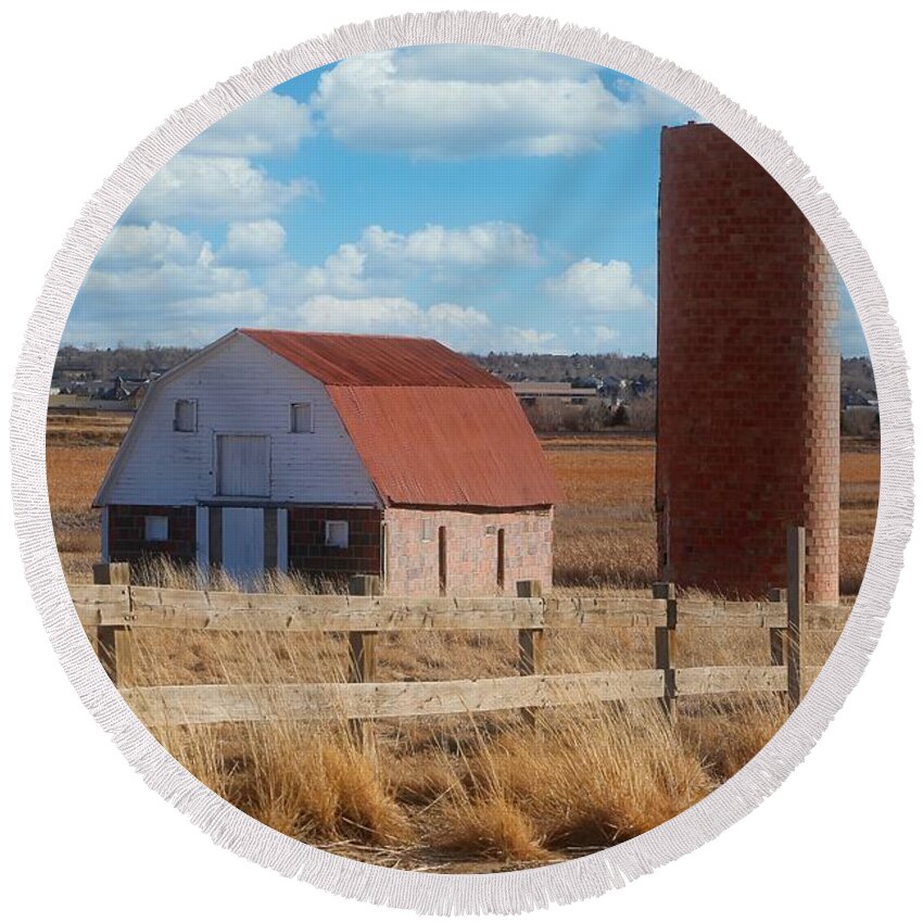 Barn Round Beach Towel featuring the photograph Barn Westminster Colorado by Veronica Batterson