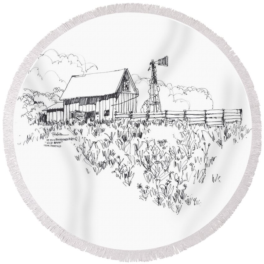 Barn In Deerfield Round Beach Towel featuring the drawing Barn with Windmill in Deerfield Illinois by Robert Birkenes