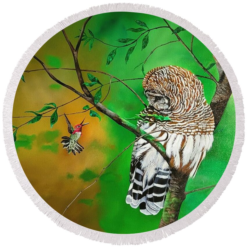 Birds Round Beach Towel featuring the painting Barred Owl and Anna's hummingbird by Dana Newman