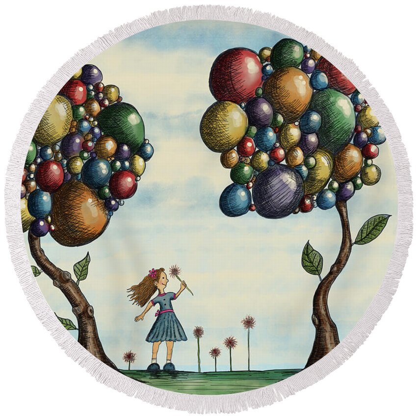 Illustration Round Beach Towel featuring the drawing Basie and the Gumball Trees by Christina Wedberg