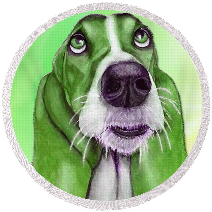 Basset Hound Round Beach Towel featuring the mixed media Basset Hound Goes Green by Kelly Mills