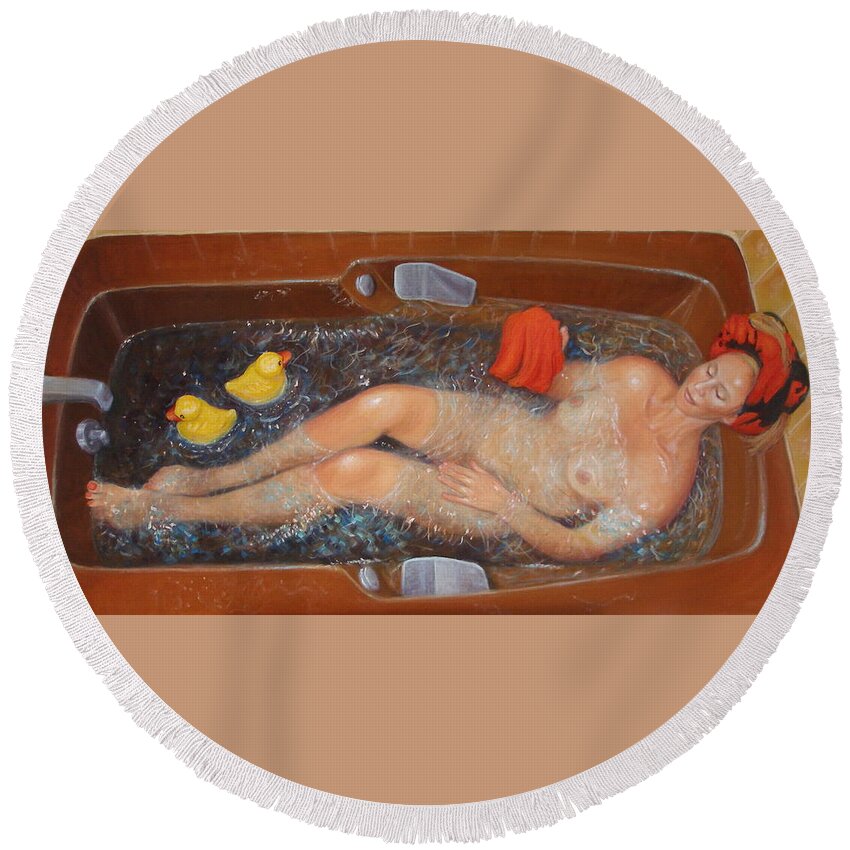 Realism Round Beach Towel featuring the painting Bath #5 - Nude with Rubber Ducks by Donelli DiMaria