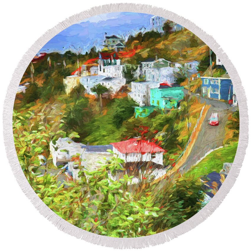 St.johns Round Beach Towel featuring the photograph Battery Hill - St.Johns, Newfoundland - Painting by Tatiana Travelways