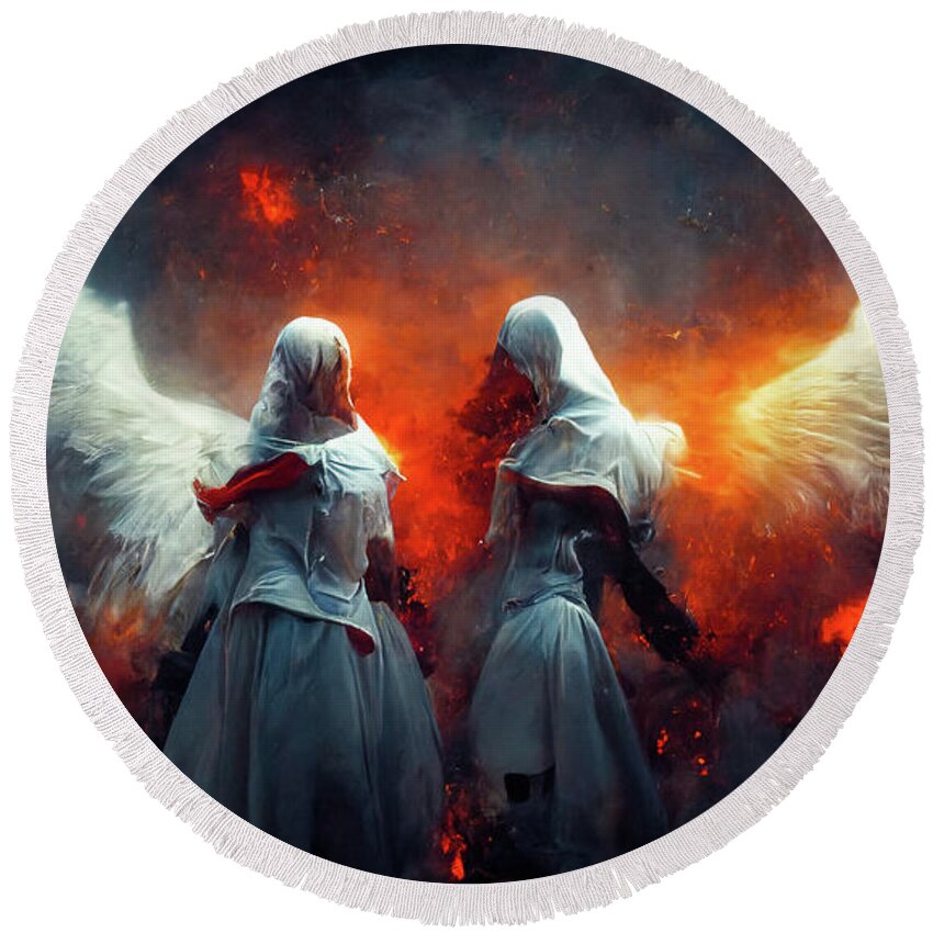 Angels Round Beach Towel featuring the digital art Battle Angels fighting in Heaven and Hell 02 by Matthias Hauser