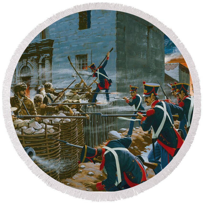 Ed Vebell Round Beach Towel featuring the painting Battle Of The Alamo by Ed Vebell