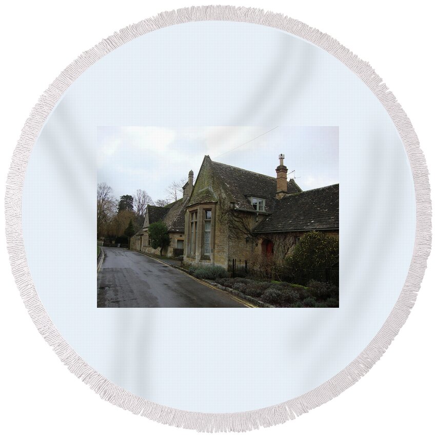 Medieval Village Round Beach Towel featuring the photograph Bay Windows in the Cotswolds by Roxy Rich