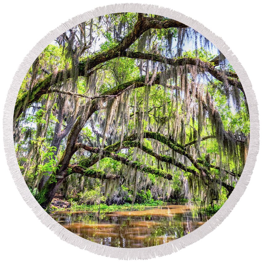 Louisiana Round Beach Towel featuring the photograph Bayou Cathedral by Andy Crawford