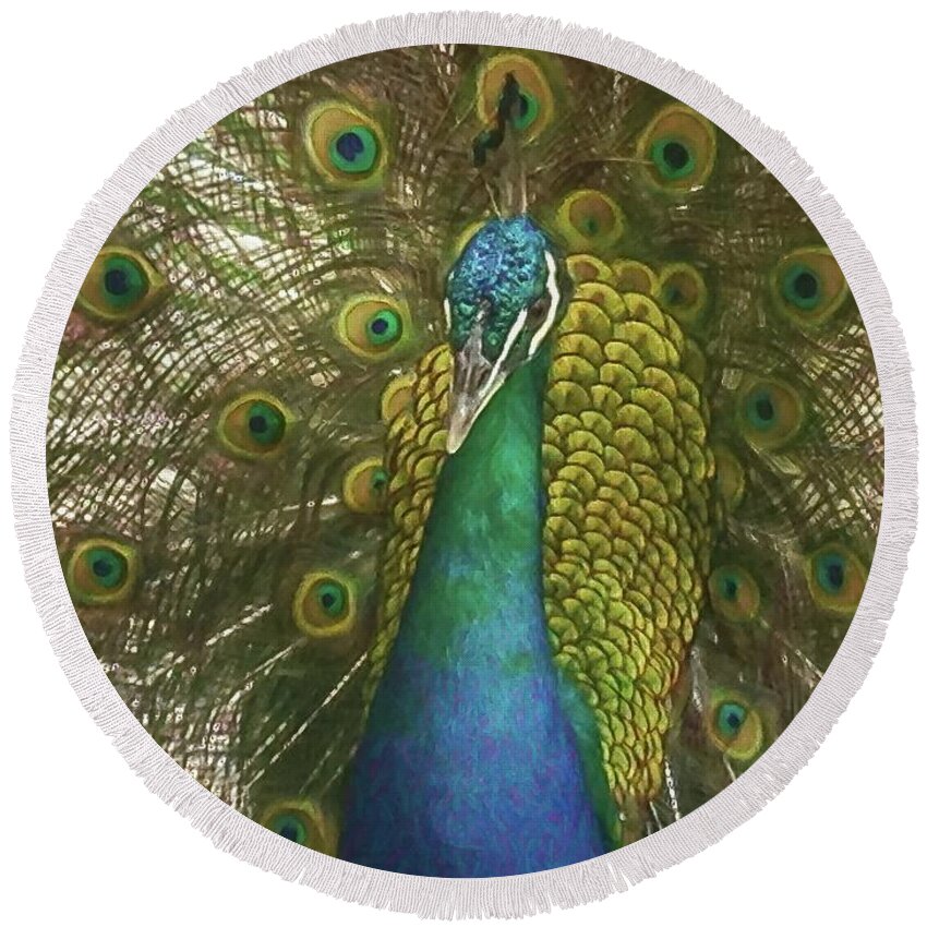 Peacock Round Beach Towel featuring the mixed media Be a Peacock by Rebecca Herranen