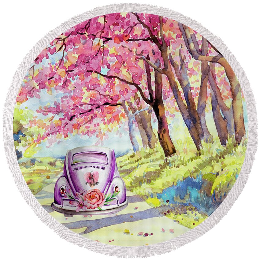 Watercolor Round Beach Towel featuring the painting Be My Valentine 02 by Miki De Goodaboom