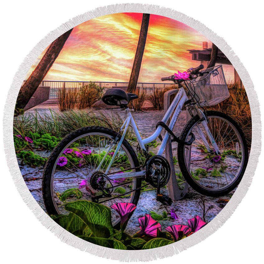 Bike Round Beach Towel featuring the photograph Beach Bike in the Morning Glories Painting by Debra and Dave Vanderlaan