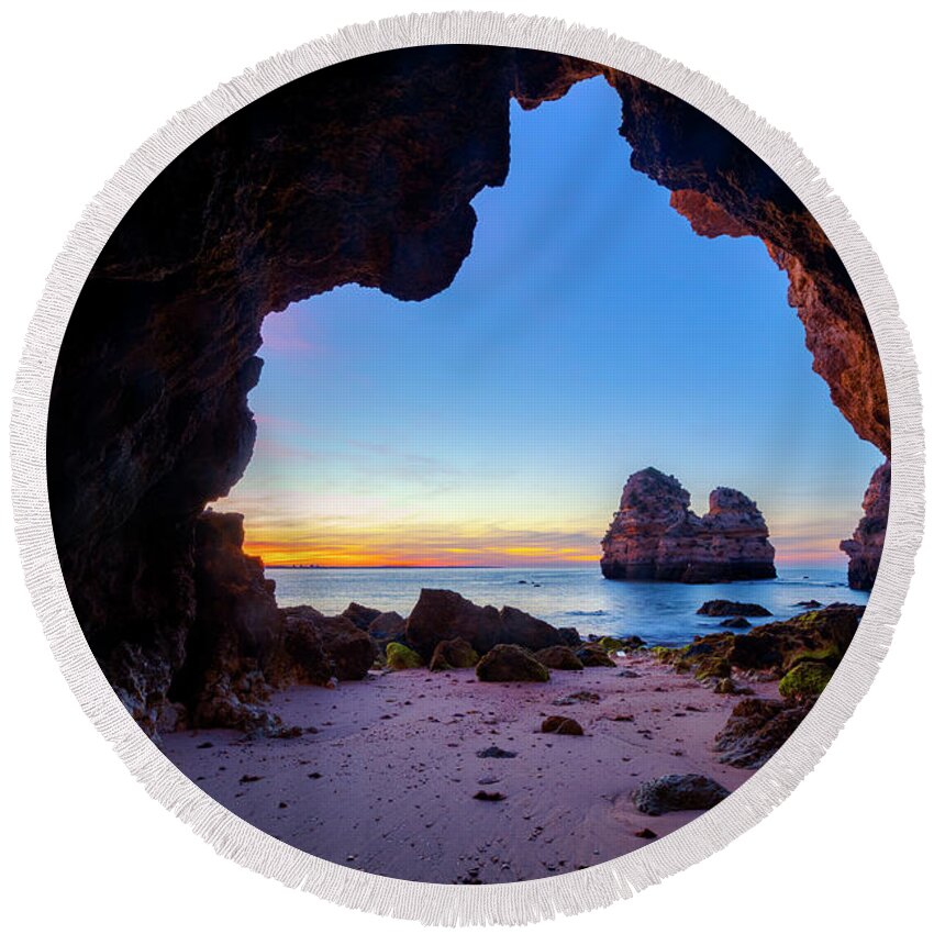 Atlantic Ocean Round Beach Towel featuring the photograph Beach Cave by Evgeni Dinev