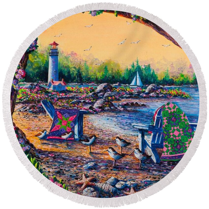 Beach Round Beach Towel featuring the painting Beach Cave Flowers in Spring by Diane Phalen