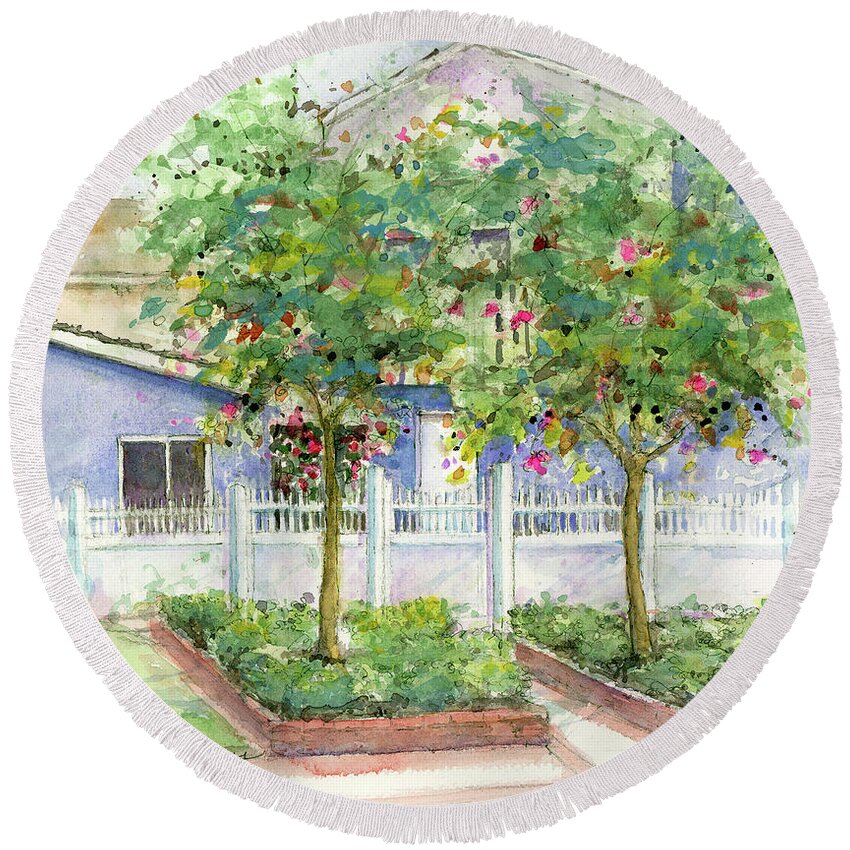 Corona Del Mar Round Beach Towel featuring the painting Beach Cottage by Rebecca Matthews