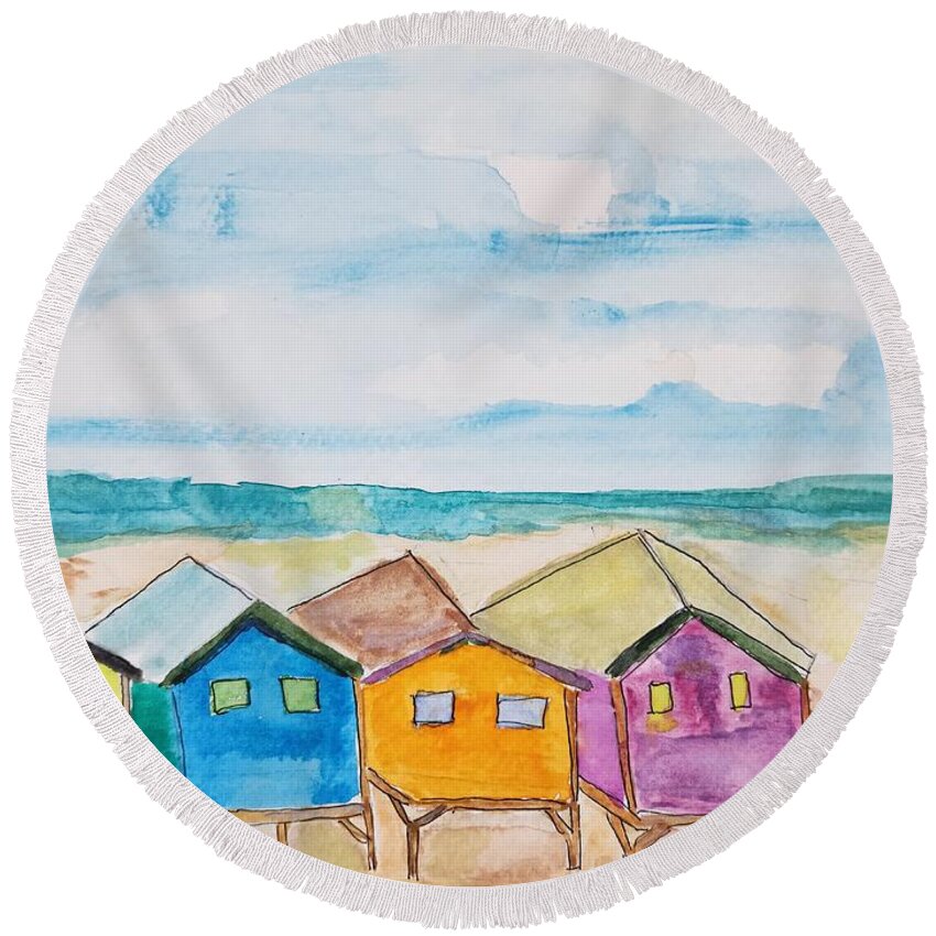 Beach Houses Round Beach Towel featuring the painting Beach Houses by Patti Powers