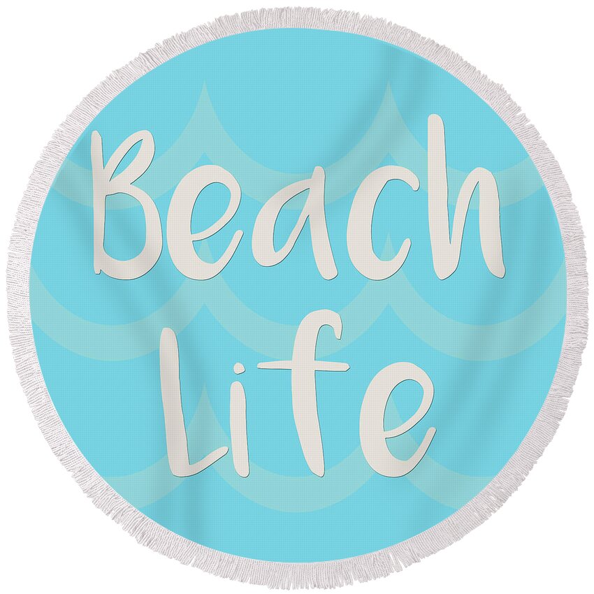 Beach Round Beach Towel featuring the digital art Beach Life with Waves in Blue by Angie Tirado